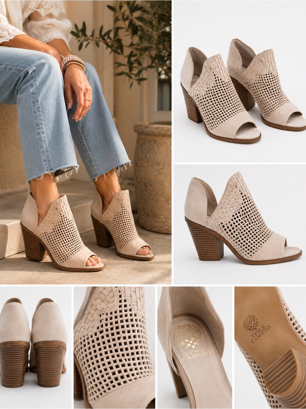 Vince Camuto Fritzey Peep Toe Booties Suede Cutout Block Heel 9.5